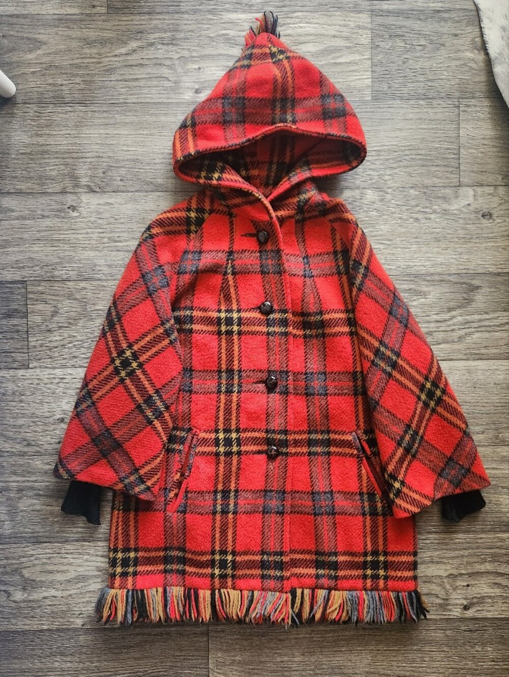 1960s Vintage Sharpee's Hooded Plaid Tartan Fringe Wool Coat